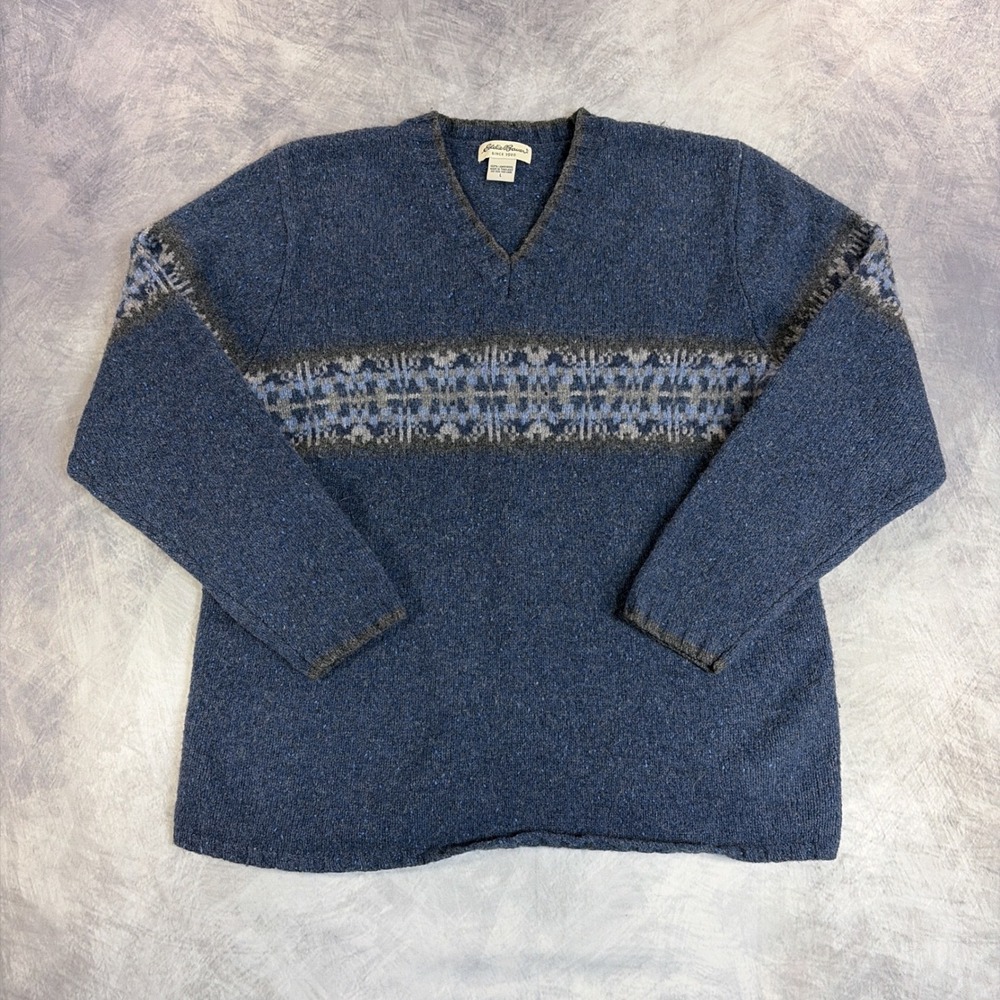 Vintage Eddie Bauer Sweater Mens L Blue Lambswool Fair Isle V-Neck Knit